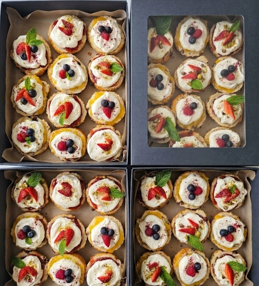 Cream and berry tartlet boxes