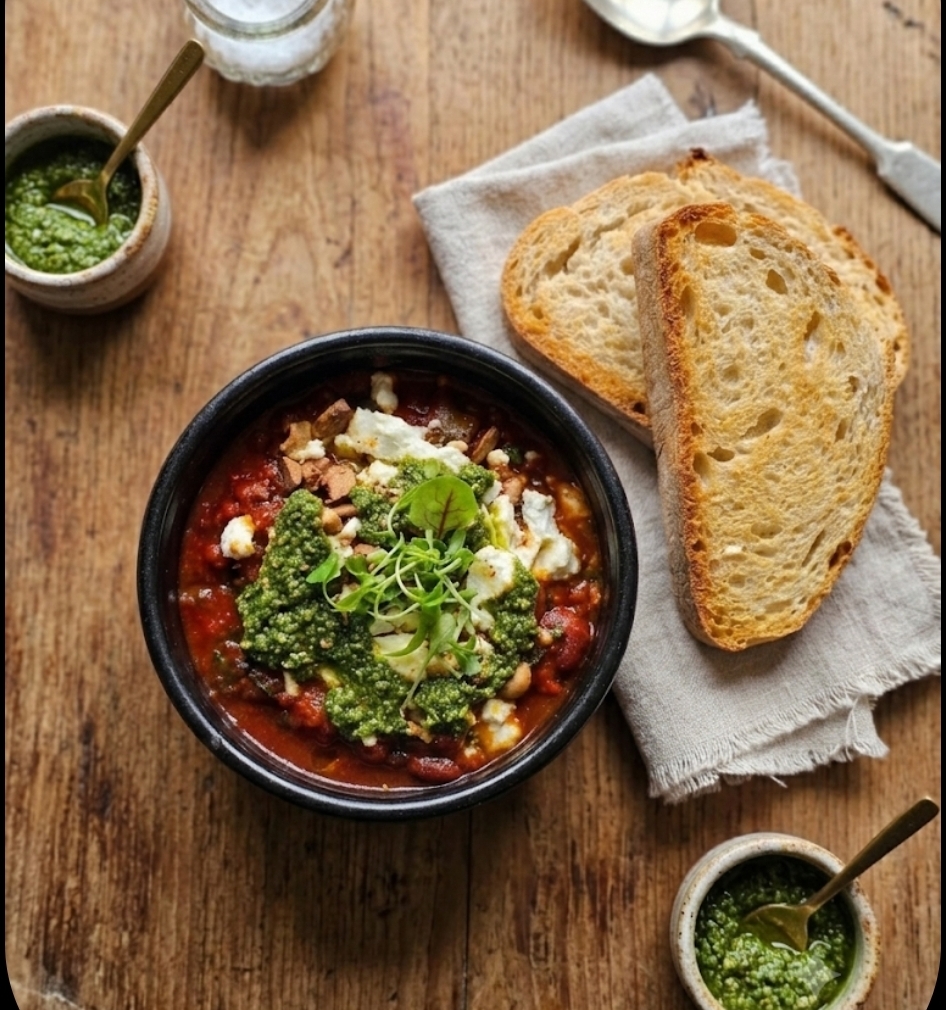 Shakshuka with pesto, feta and toast