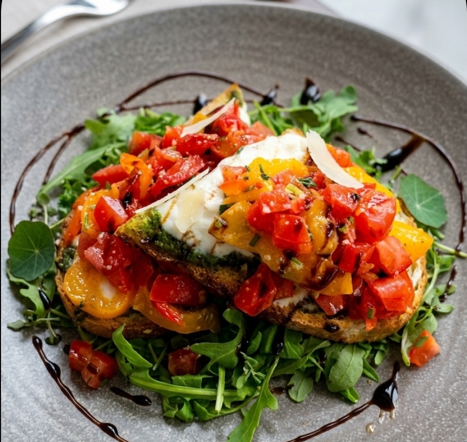 Tomato bruschetta with pesto and rocket