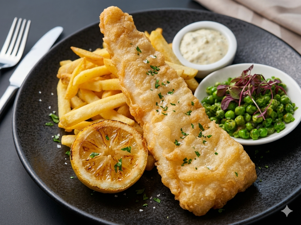 Beer-battered fish & chips with mushy peas